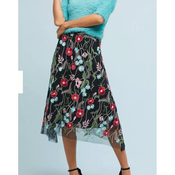 Anthropologie Skirt Sz 4 Eva Franco Poppy Midi Embroidered Asimetric Boho Floral - Picture 1 of 16